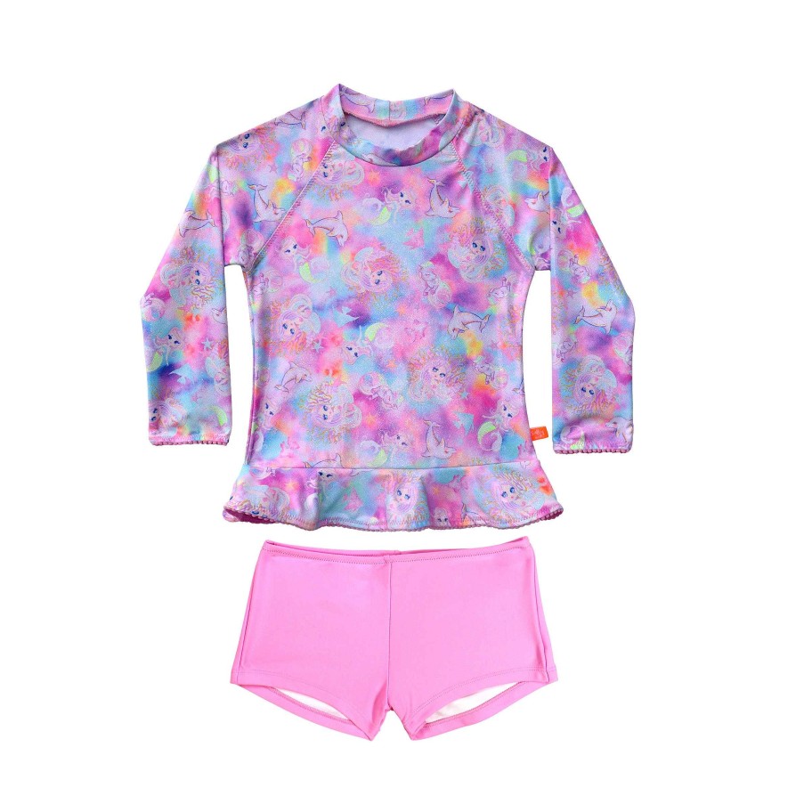 Lil Sista ( Girls Sizes 00-7 ) Salty Ink Rashvest Set | 1439 Miss Sea Princess Long Sleeve Sunvest Set Pink Sea