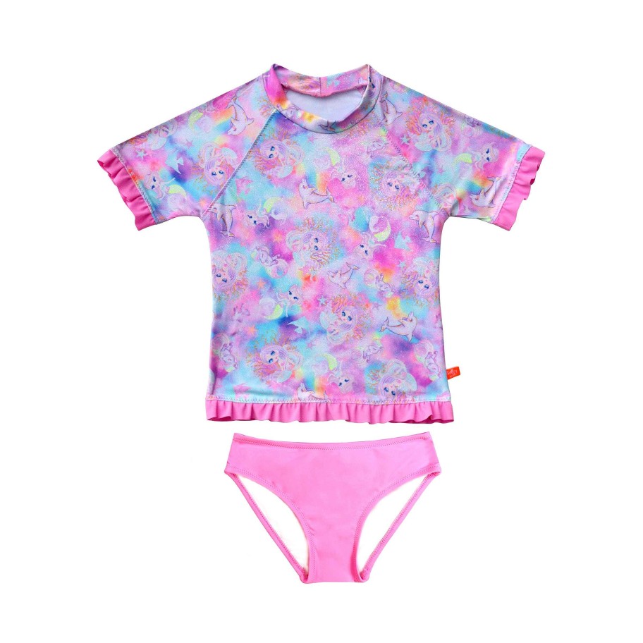 Lil Sista ( Girls Sizes 00-7 ) Salty Ink Rashvest Set | 1440 Miss Sea Princess Short Sleeve Sunvest Set Pink Sea